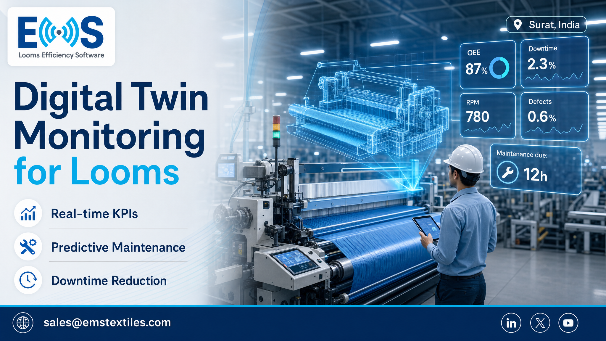 Operator interacting with a holographic display showing a digital twin of a loom machine in a modern Indian textile factory.