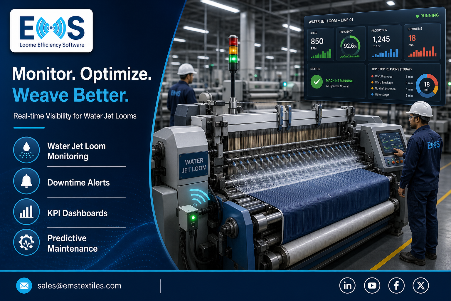Water Jet Loom machine efficiently weaving fabric at high speed in a modern Indian textile factory, highlighting its advanced water-propelled weft insertion.